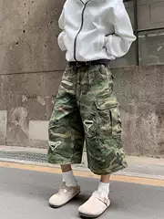 American Street Style Washed Distressed Pocket Camouflage Shorts for Men and Women, Summer Trendy Loose Casual Workwear Capri Pants