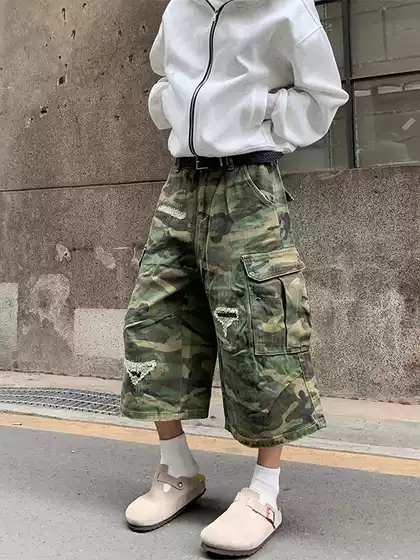 American Street Style Washed Distressed Pocket Camouflage Shorts for Men and Women, Summer Trendy Loose Casual Workwear Capri Pants