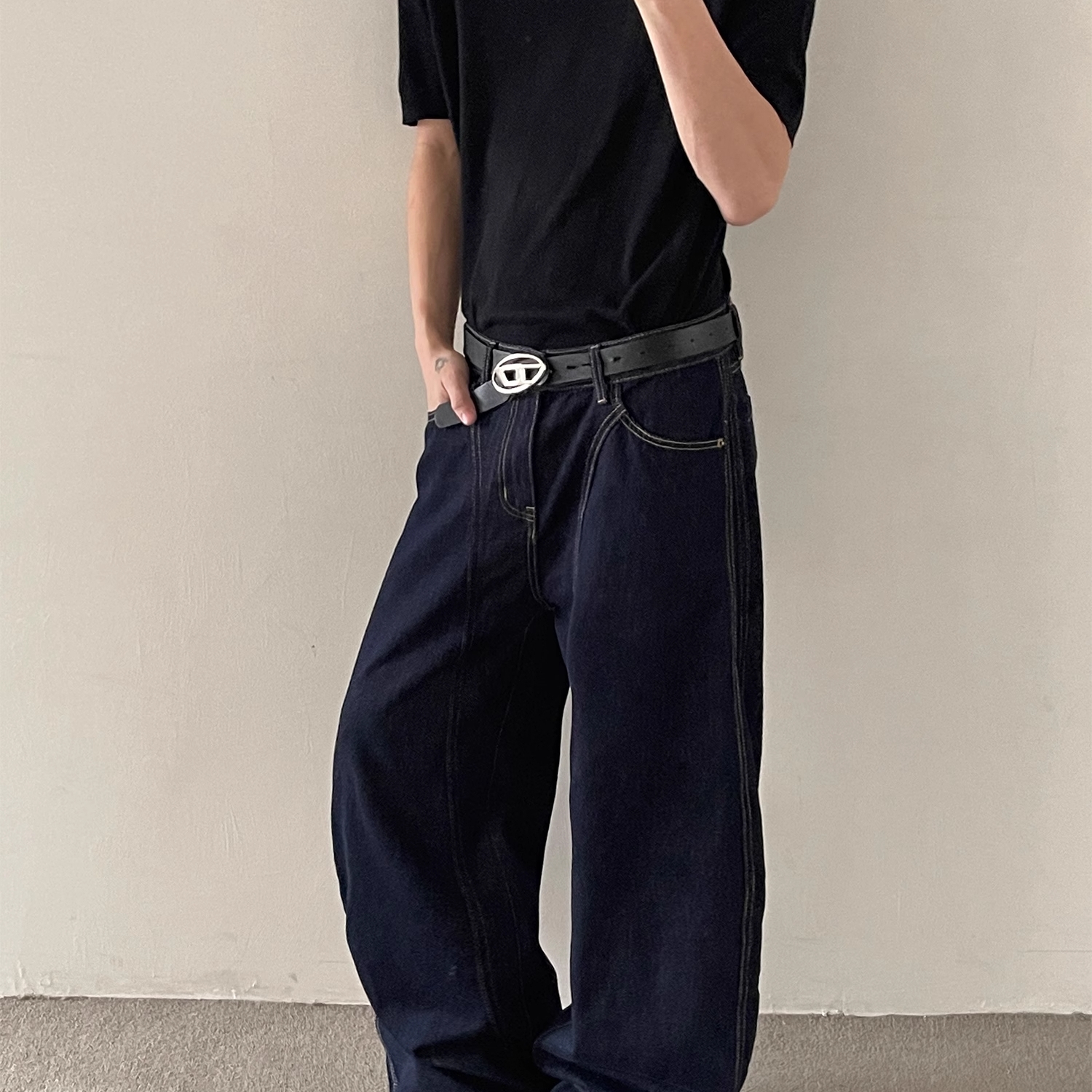 美式复古cleanfit丹宁黑色弯刀裤