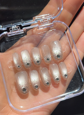 店主自制纯手工定制穿戴甲短椭圆淡紫色贴钻追光玻璃珠猫眼显白