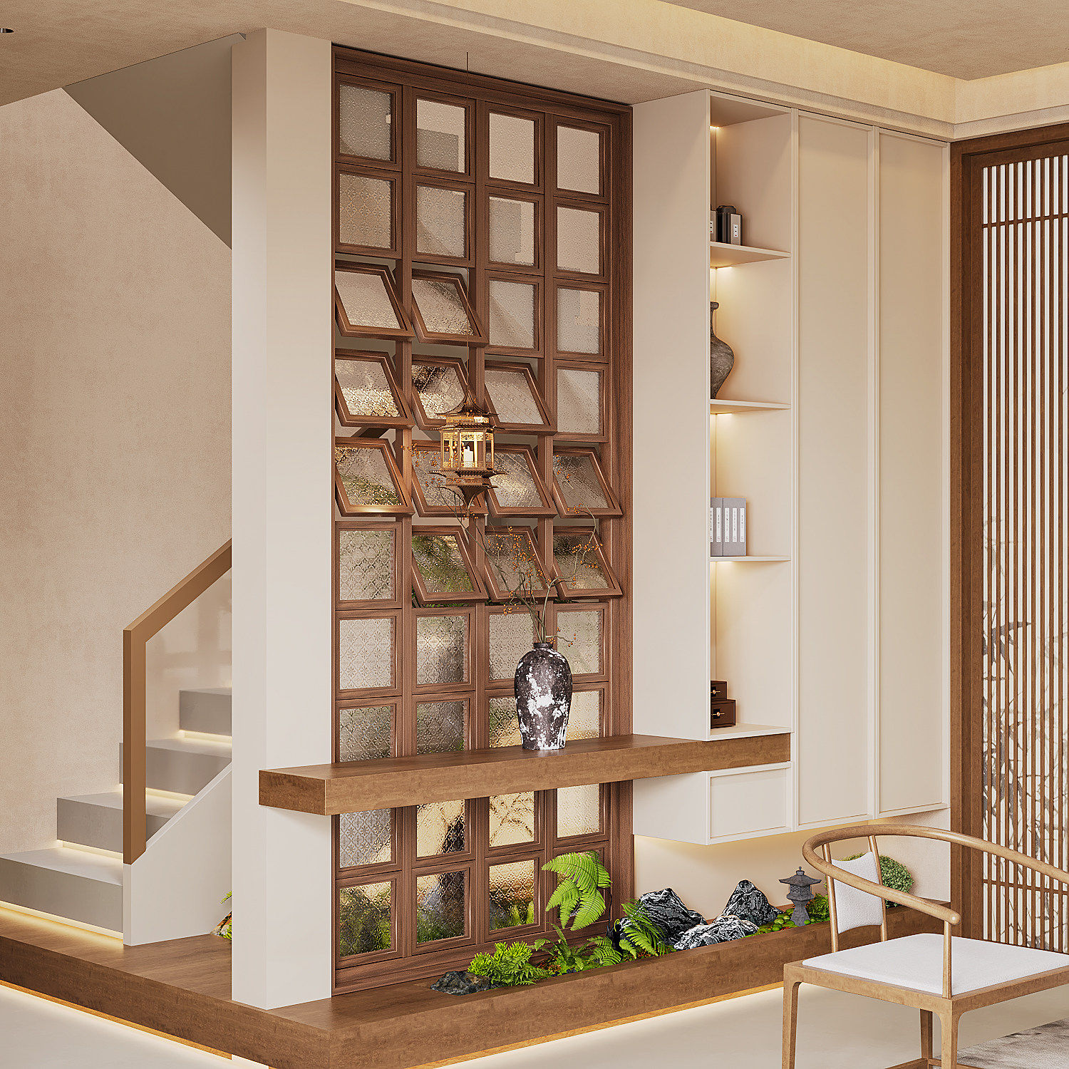 实木旋转窗艺术玻璃屏风隔断门别墅客厅入户屏风定制半墙隔断窗