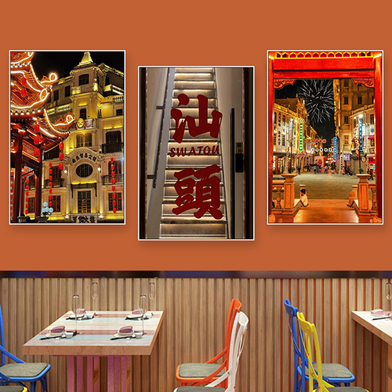 潮汕特色建筑夜景装饰画潮州汕头现代风景挂画火锅店饭店餐馆壁画图片