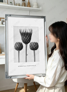 黑白复古蓟花植物装饰画小众客厅书房挂画高级灰调花卉摄影壁画