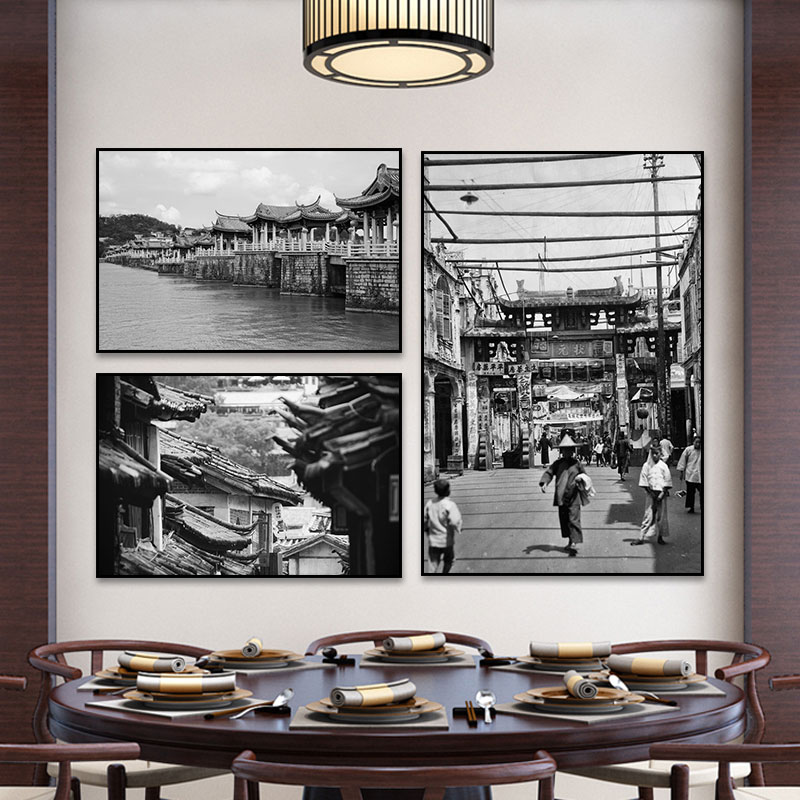 复古黑白老照片牛肉馆火锅店挂画潮汕风景街景挂画生腌店饭店壁画图片