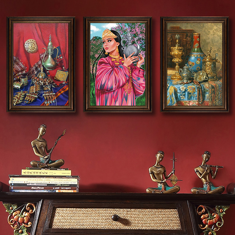 新疆风情手抓饭店餐厅装饰画酒店民宿民族风人物油画壁画玄关挂画