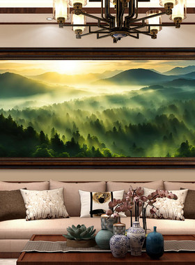 日出东方装饰画酒店餐厅背景墙复古靠山挂画客厅森林山景风光壁画