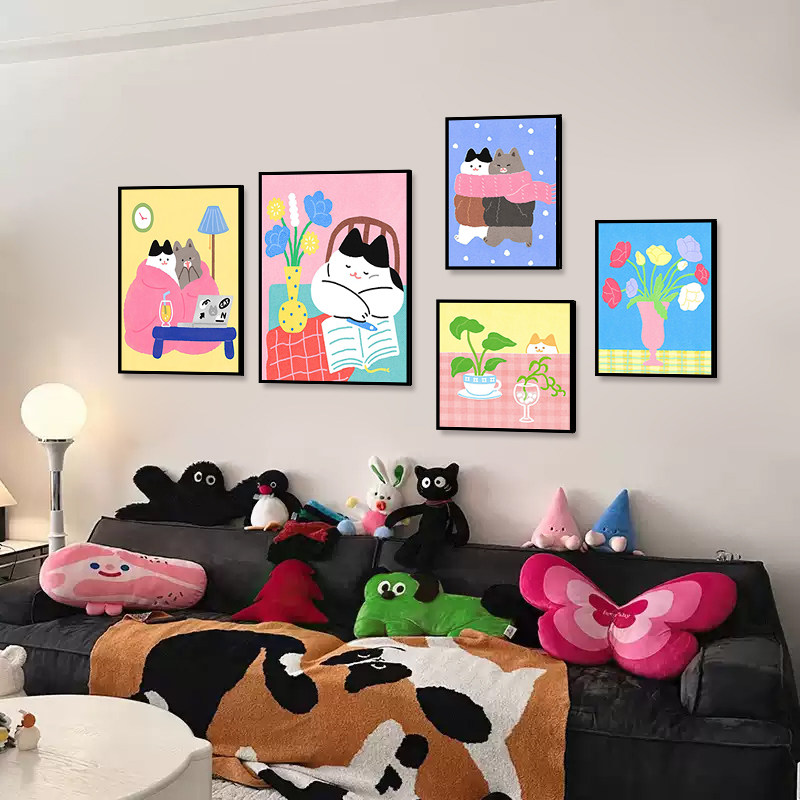 多巴胺猫咪组合套装挂画客厅沙发背景墙装饰画儿童房间ins风壁画图片