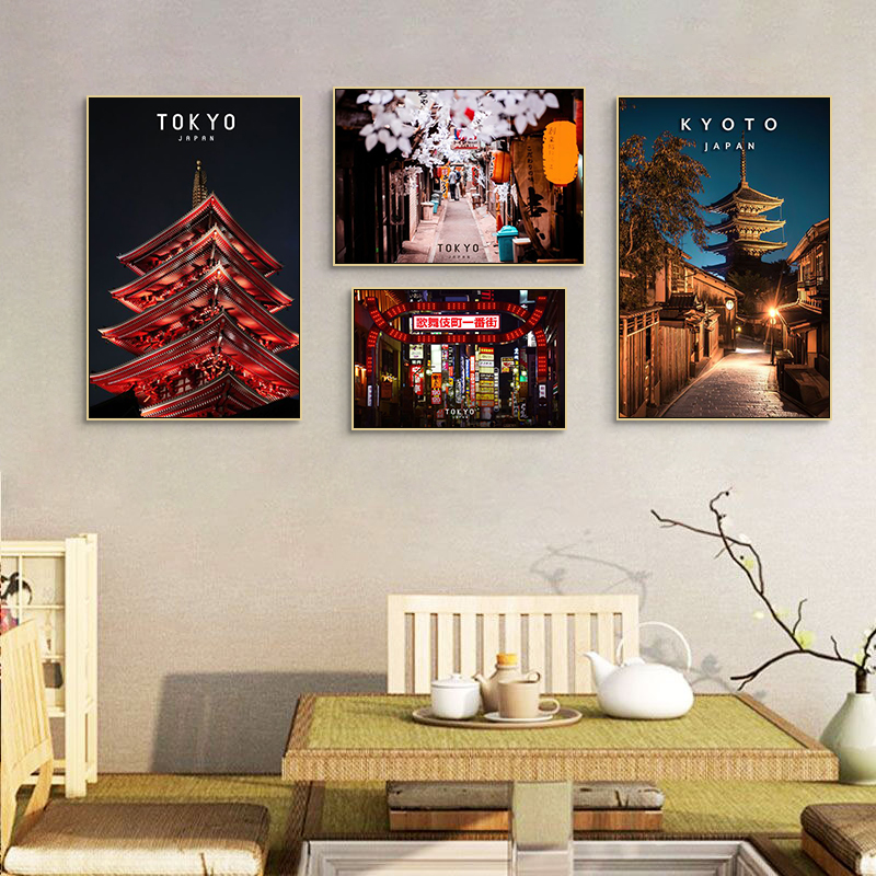 日本东京街景挂画日式建筑夜景壁画和风餐厅寿司料理店墙面装饰画图片