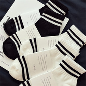 5双 男女袜子纯棉透气男士 中短筒棉袜潮ins学院风条纹男生运动袜