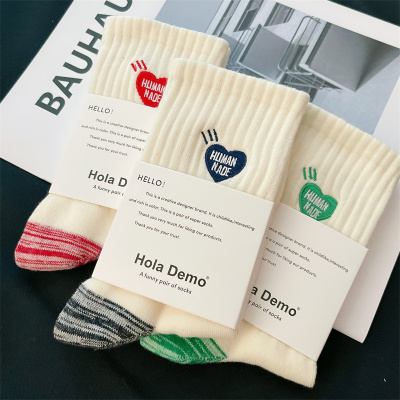 3双男女中长筒袜子纯棉韩系ins刺绣爱心袜子复古潮牌白色男运动袜