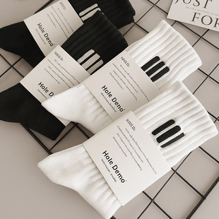 吉良先生 中筒袜ins女袜纯棉吸汗防臭运动男生长筒袜 黑白袜子男士