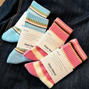 吉良先生 潮ins袜子韩国东大门秋冬女袜精梳棉彩色条纹女士中筒袜