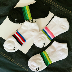 4双 男女白袜子纯棉毛巾底运动吸汗透气防臭短袜彩虹条纹船袜 夏季