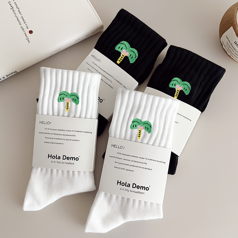 吉良先生 男士中筒袜纯棉吸汗防臭运动男生长筒袜ins小树刺绣女袜