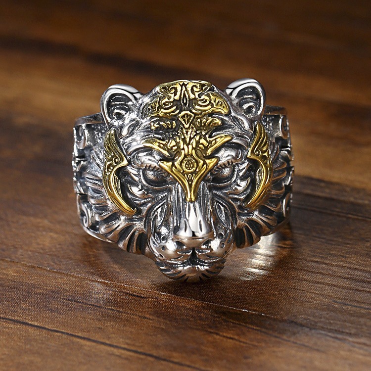 扳指男款大拇指复古925银虎头戒指男老虎男士潮活口可调节嘻哈个