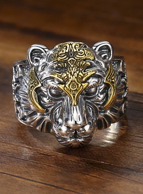 扳指男款大拇指复古银虎头戒指男老虎男士潮活口可调节嘻哈个