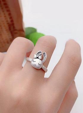 纯银兔子戒指女款复古开口做旧本命年兔年指环生肖兔银戒子