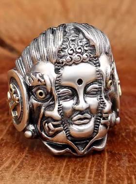 纯银男士破魔戒指国潮半佛半魔破魔而出泰银夸张介子复古做旧