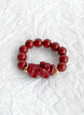 天然朱砂戒指朱砂貔貅指环女食指戒手工设计款