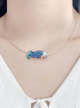 纯银年年有余鱼弯管项链女项圈锁骨复古风绘琅锦鲤鱼吊坠