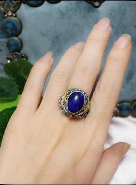 新款复古 古法手工银 花丝珐琅掐丝 青金石复古宫廷戒指配旗袍汉