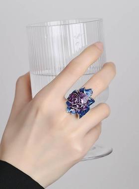 复古民族风珐琅烧蓝牡丹花戒指女时尚花卉气质活口指环送妈妈礼物