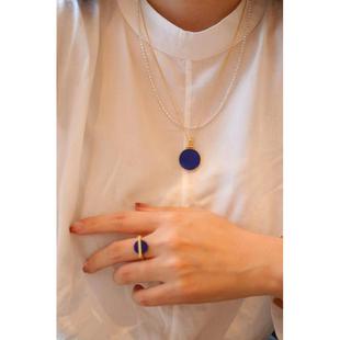 小众设计感925银镀金克莱因蓝天然原矿青金石太阳神圆牌项链男款