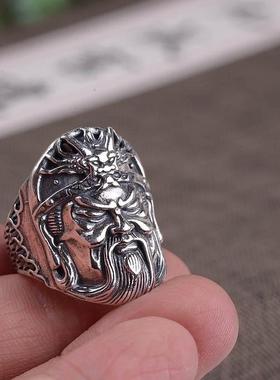 银关公戒指男士 武财神关羽关二爷霸气个性开口银指环送男友