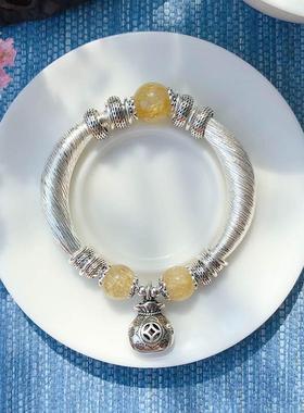 原创设计纯银手链女天然发晶水晶单圈手串民族风钱袋银饰现货