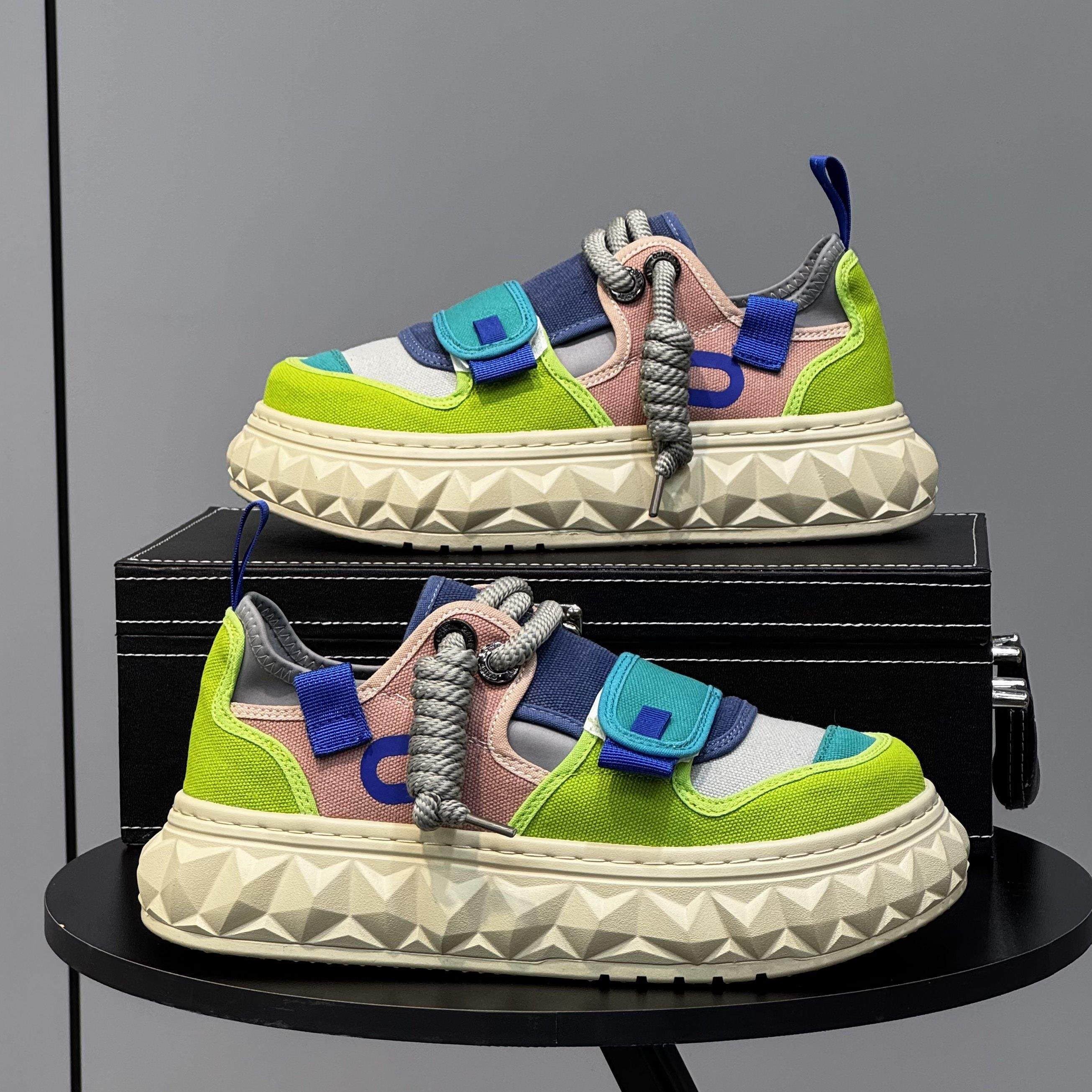 男鞋2026新款布面透气丑萌鞋拼色厚底鞋魔术贴一脚蹬板鞋男款,流行男鞋,休闲板鞋,淘宝优惠券,粉丝福利购,淘宝优惠卷