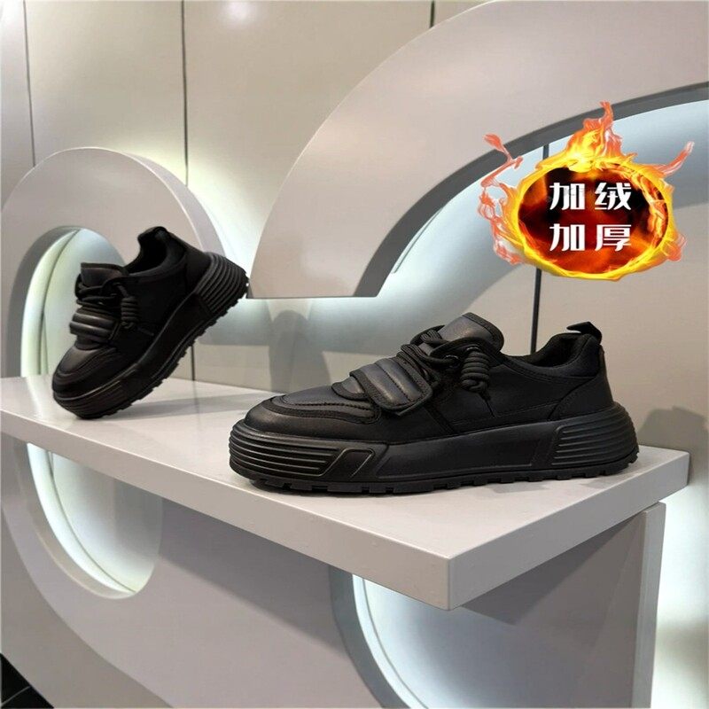 秋冬新款保暖加绒男鞋设计感欧洲站纯色内增高魔术贴青少年休闲鞋