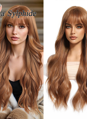 假发Tik Tok齐刘海全头套棕色红色假发女长卷发玫瑰网高温丝Temu