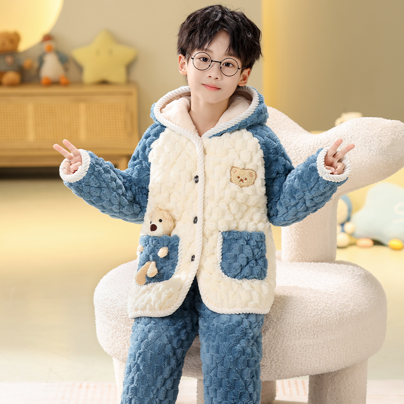 金龟绒三层夹棉加绒加厚儿童睡衣