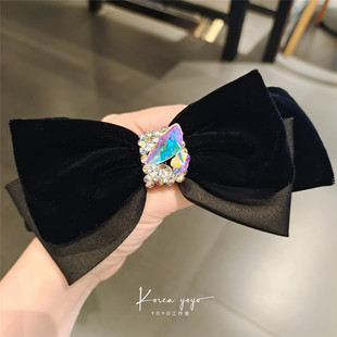 韩国黑色丝绒镶钻蝴蝶结发夹布艺水钻弹簧夹马尾夹头饰百搭发饰