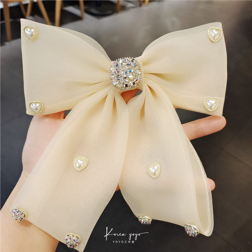 高级感绢纱彷珍珠大蝴蝶结镶钻水钻发夹发夹横夹马尾夹卡子头饰