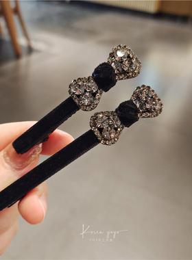 高级感黑色丝绒发夹满钻蝴蝶结边夹简约精致气质刘海夹子鸭嘴夹女