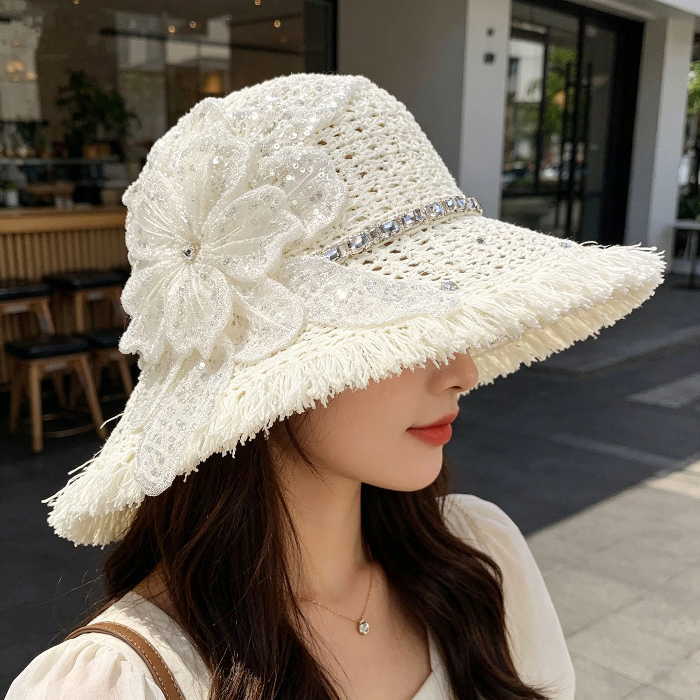 法式风花朵草帽女夏季大檐可折叠防晒海边度假遮阳帽拍照旅游帽子