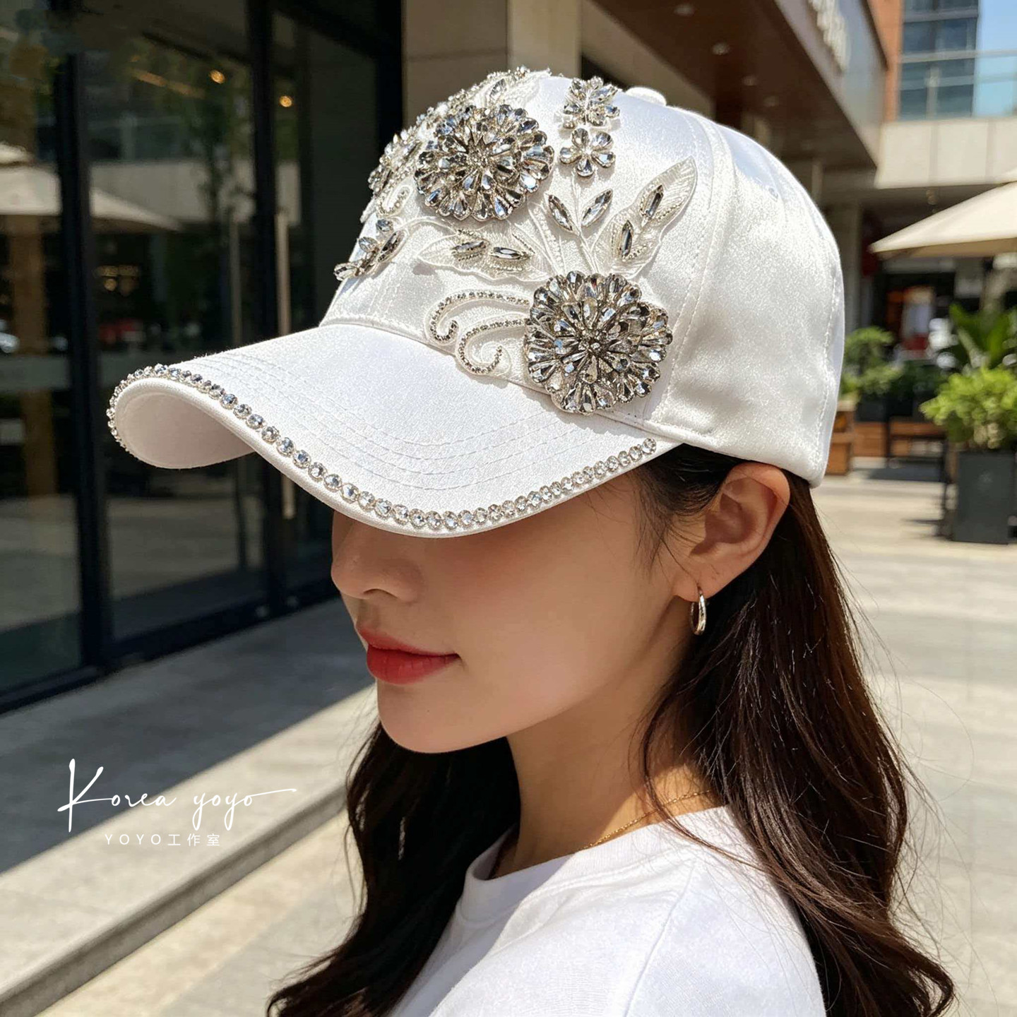 高级感水钻花朵装饰棒球帽女春夏百搭显脸小防晒遮阳帽气质鸭舌帽