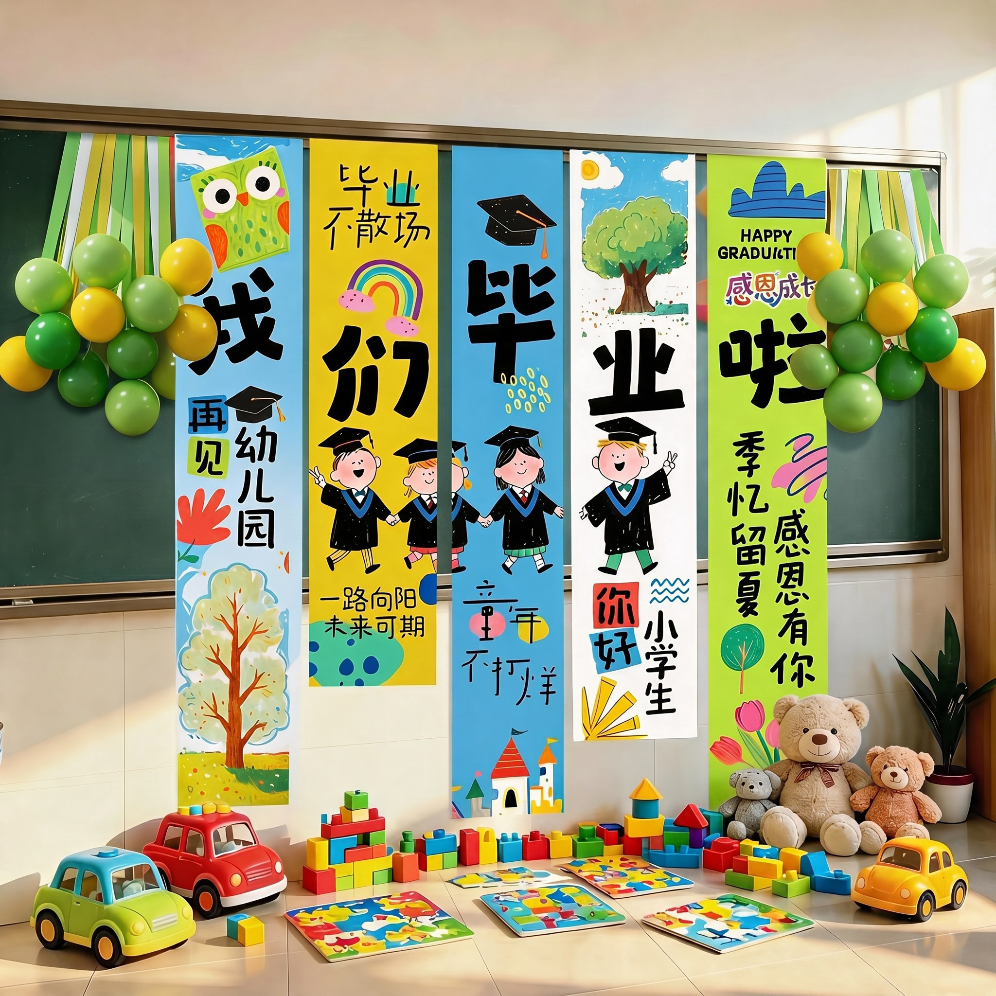幼儿园毕业季典礼场景布置教室装饰氛围班级我们毕业啦了背景挂布