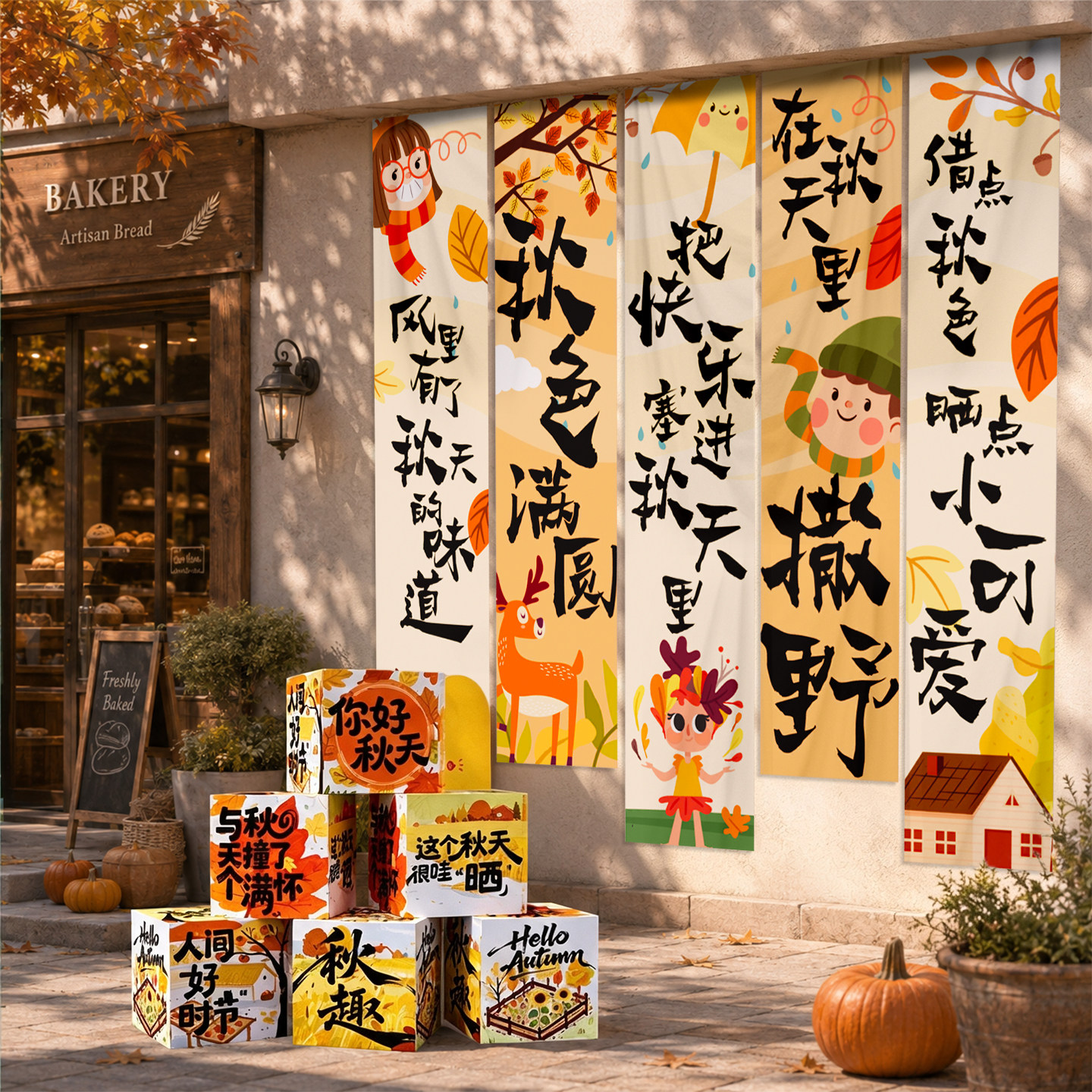 秋日主题户外氛围感挂布煮茶秋收装饰条幅茶饮小院墙壁布置背景布