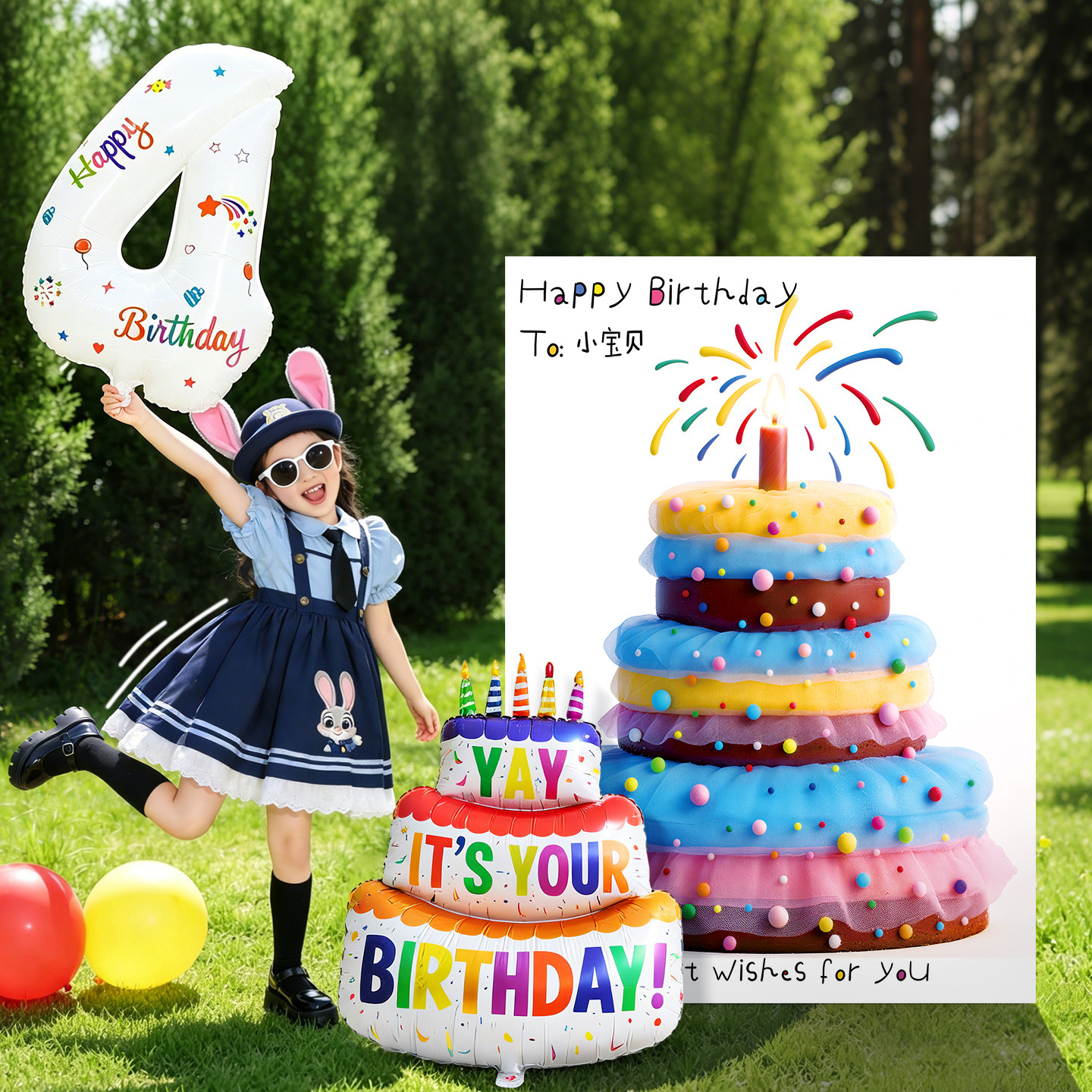 儿童户外生日场景布置装饰4岁男宝四岁女孩拍照道具网纱蛋糕kt板8