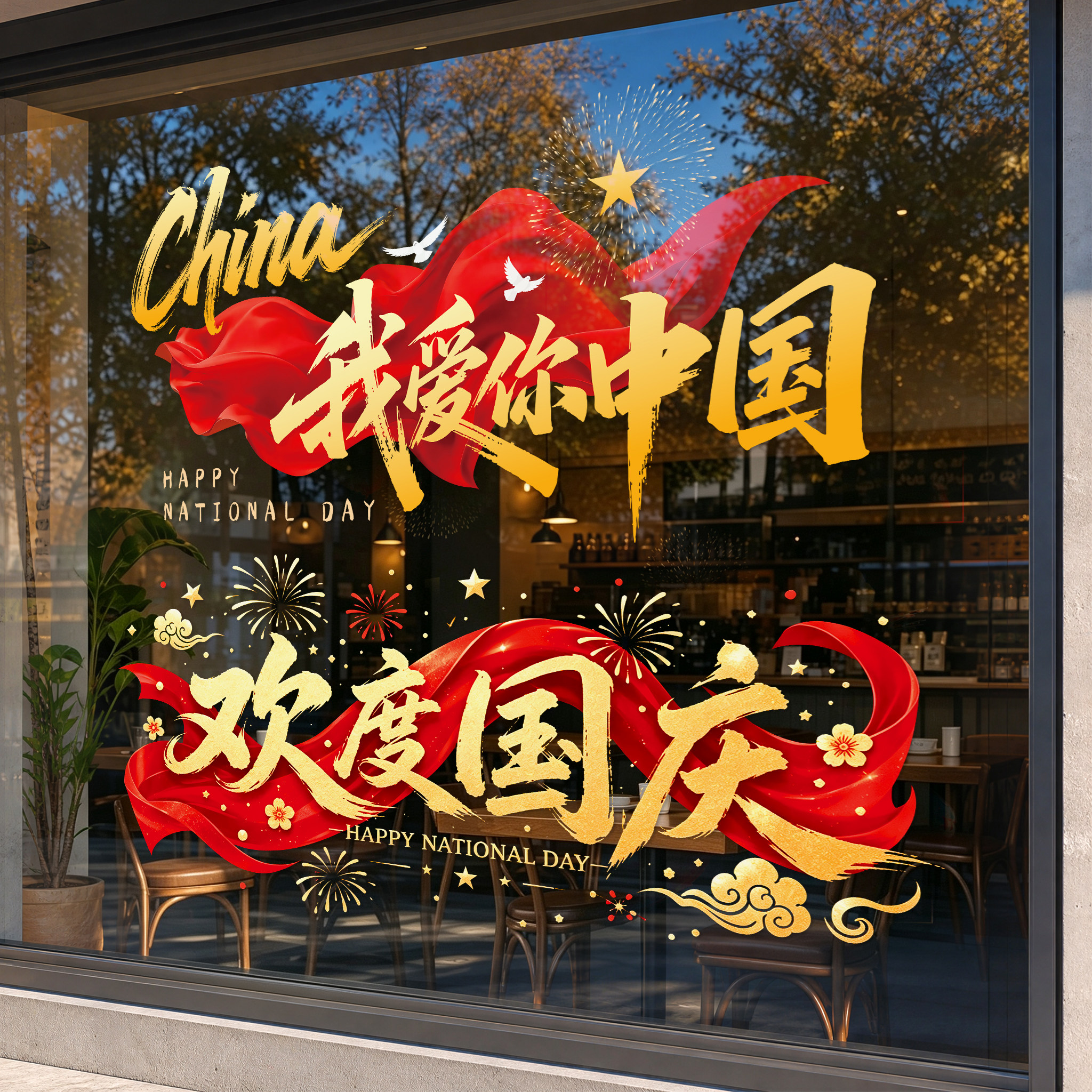 国庆节商场店铺橱窗静电窗贴图片