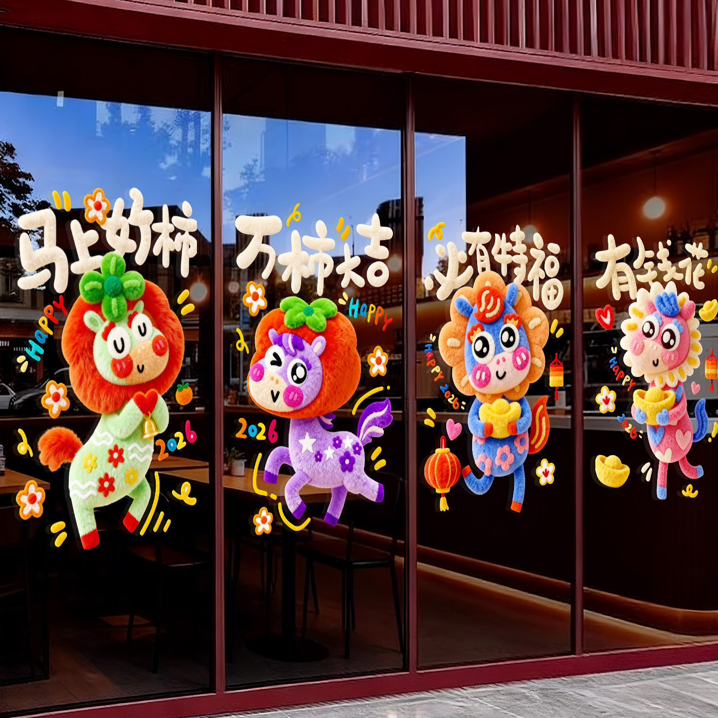 新马年元旦装饰氛围布置3D毛绒卡通玻璃贴纸静电贴无痕贴2026春节,家居饰品,软装墙贴,淘宝优惠券,粉丝福利购,淘宝优惠卷
