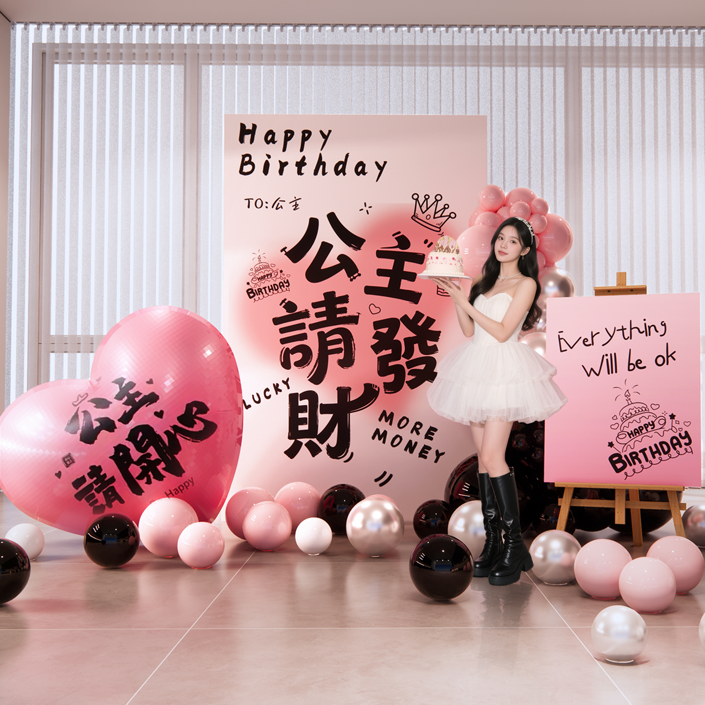 女孩公主生日快乐场景布置背景墙