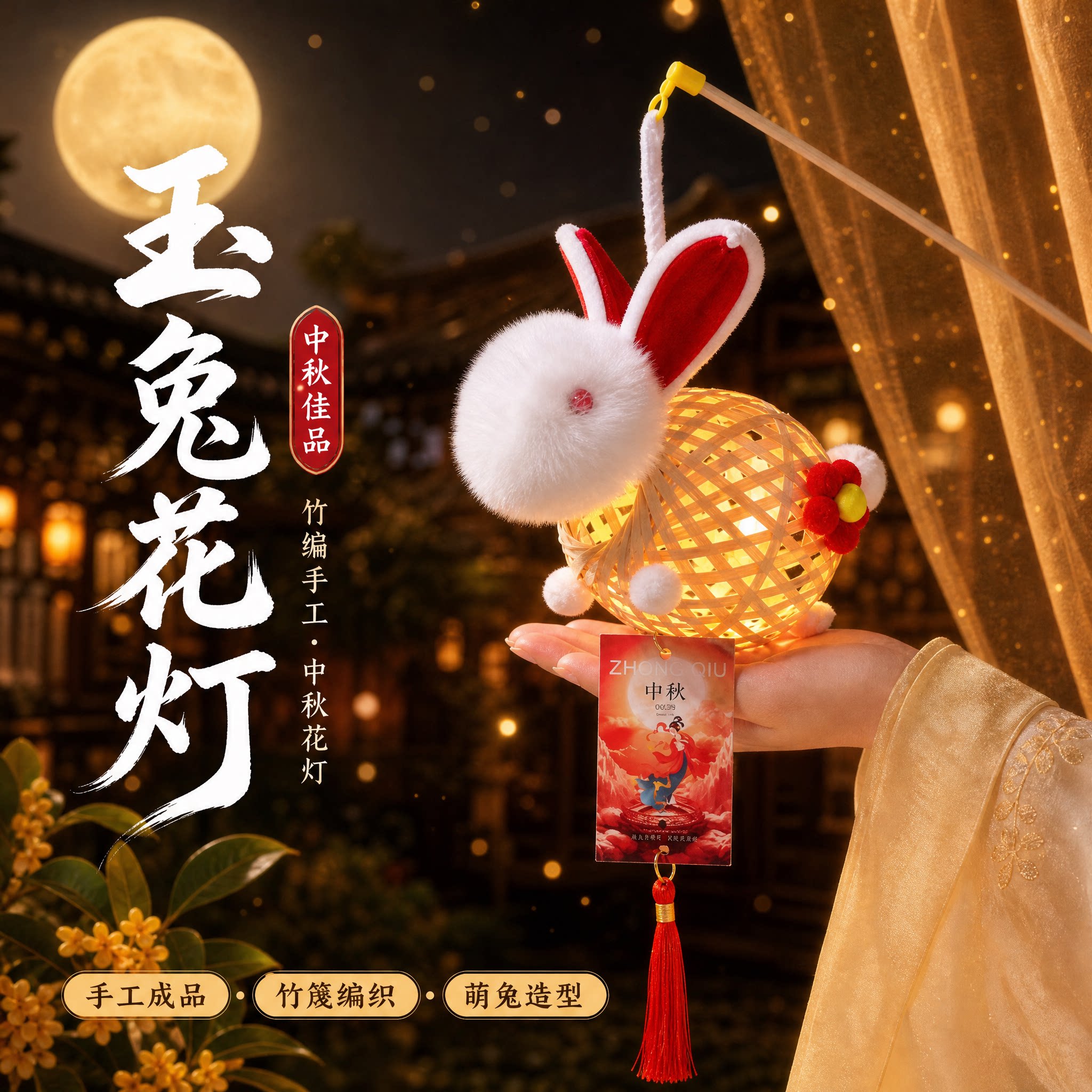 中秋竹编兔子发光儿童手提花灯图片