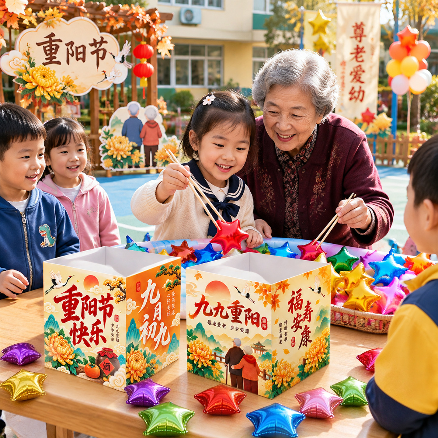 重阳节夹夹乐游戏道具夹气球敬养老院幼儿园互动活动场景布置盒子