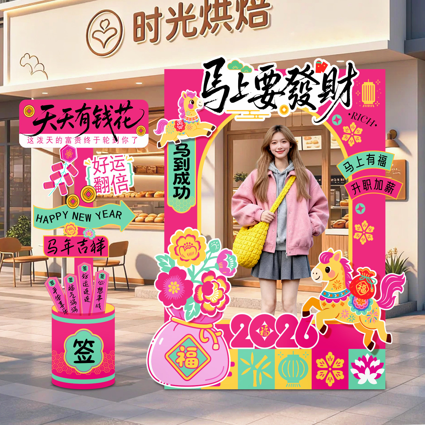 迎马新年装饰品氛围布置网红多巴胺场景粉色2026打卡拍照框kt展板