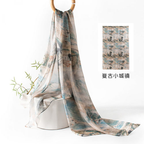 桑蚕丝素绉缎印花围巾披肩送礼