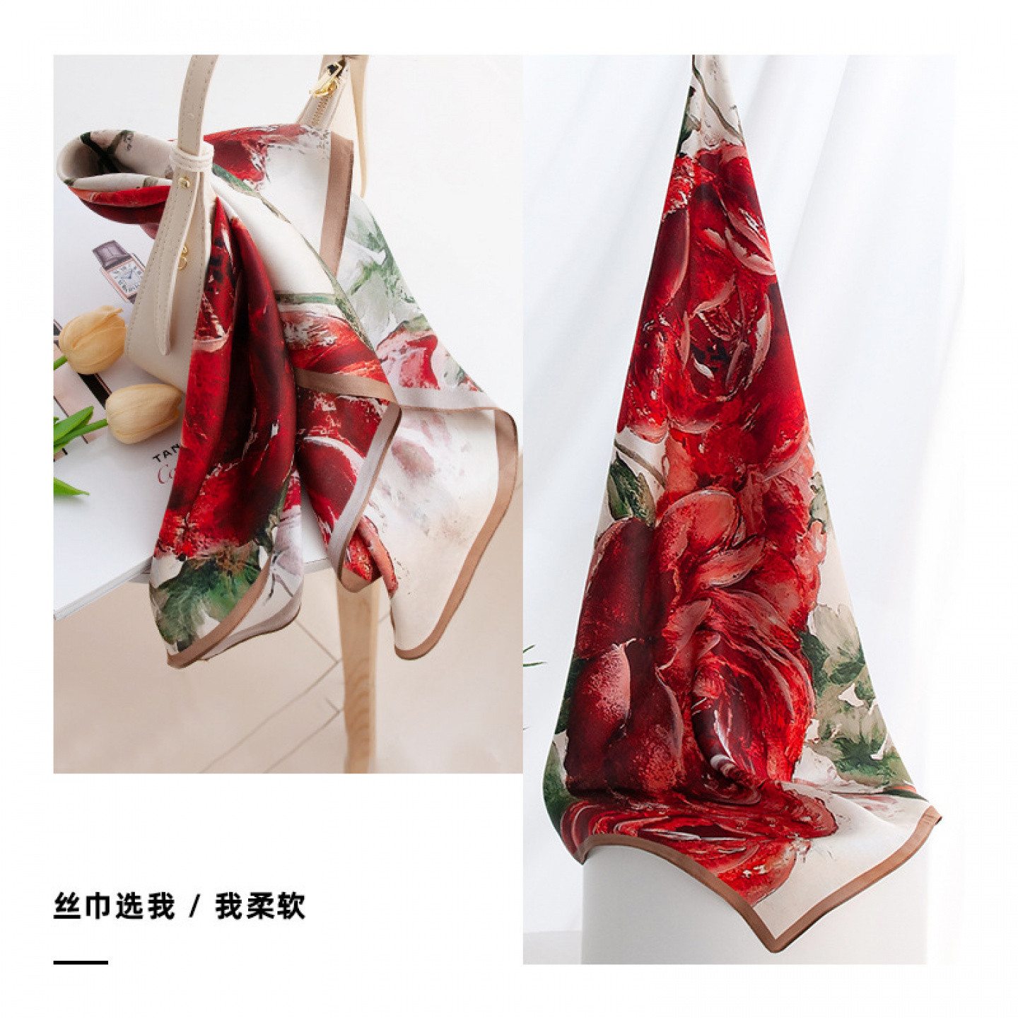 夏日真丝玫瑰印花小方巾系脖领巾