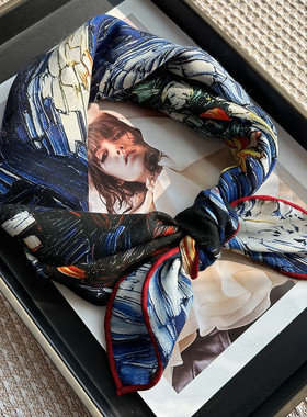 蓝色梵高星空油画风真丝羊毛围巾女秋冬季保暖65cm丝羊毛方巾披肩